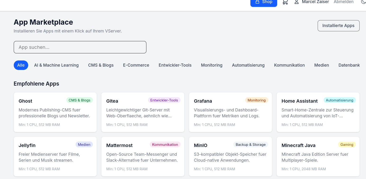 App-Katalog mit empfohlenen Apps