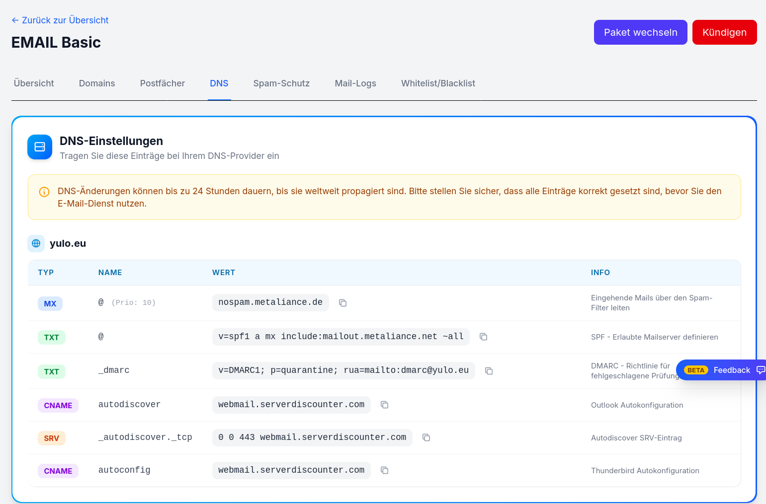 DNS-Einstellungen für den E-Mail-Service