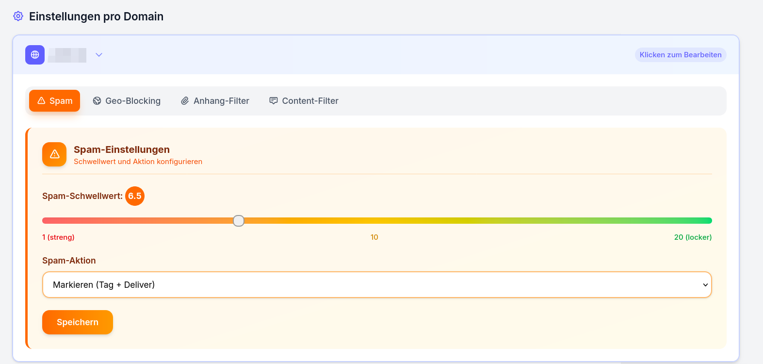 Spam-Einstellungen mit Schwellwert und Aktion